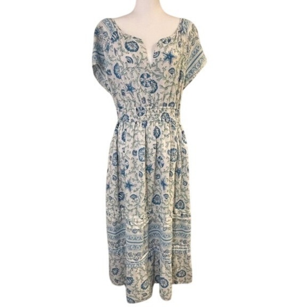 Laura Ashley Midi Dress Blue Coastal Shell Print Women Large Excellent